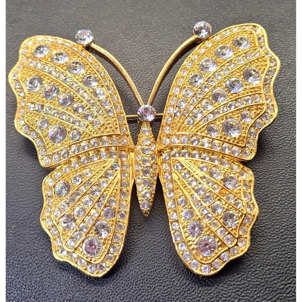 Vintage Butterfly Brooch Pin Gold Tone Clear Rhinestone Pavé